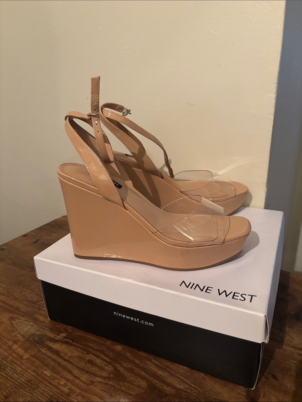 Nine West Beige Patent Wedge Sandals with Clear Straps